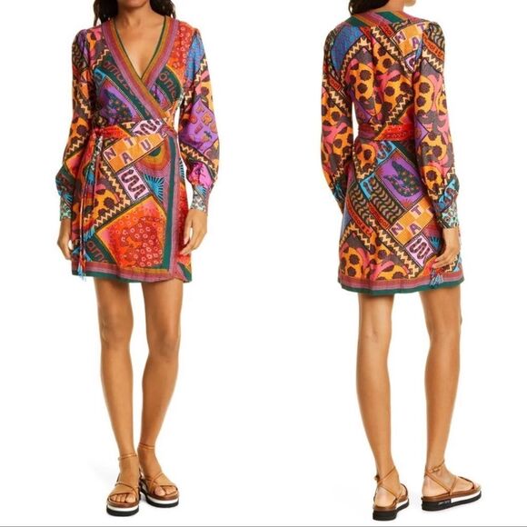 FARM RIO Dotted Patch Scarf Mini Wrap Dress Printed Multicolor - Picture 3 of 10